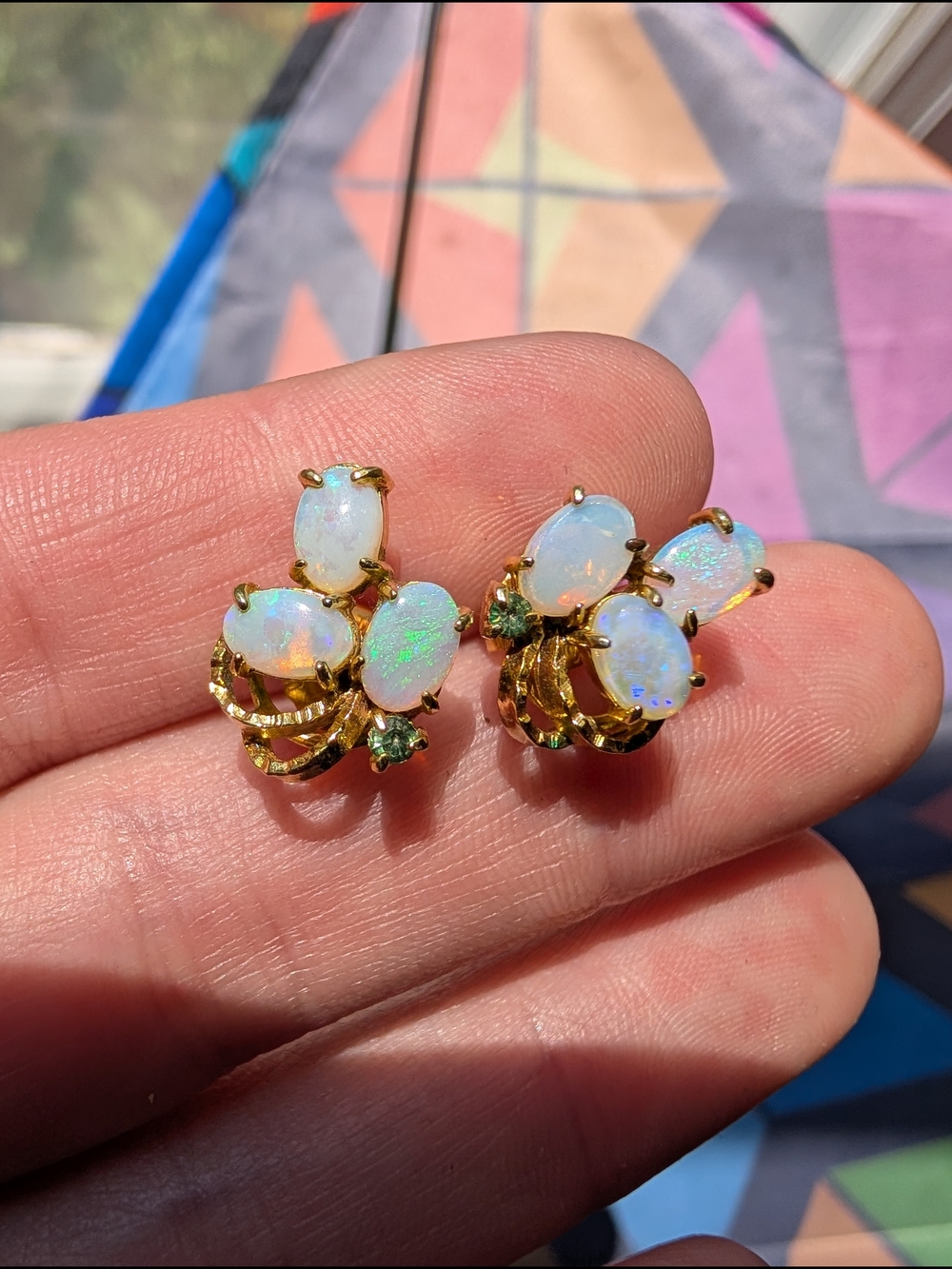 Vintage Gold Opal Cluster Earrings with Peridot
